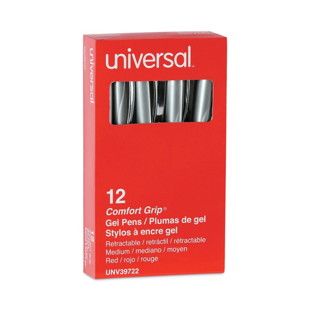 Universal 0.7 mm. Medium Comfort Grip Retractable Gel Pen - Red Ink, Gray/Red/Silver Barrel (1-Dozen)